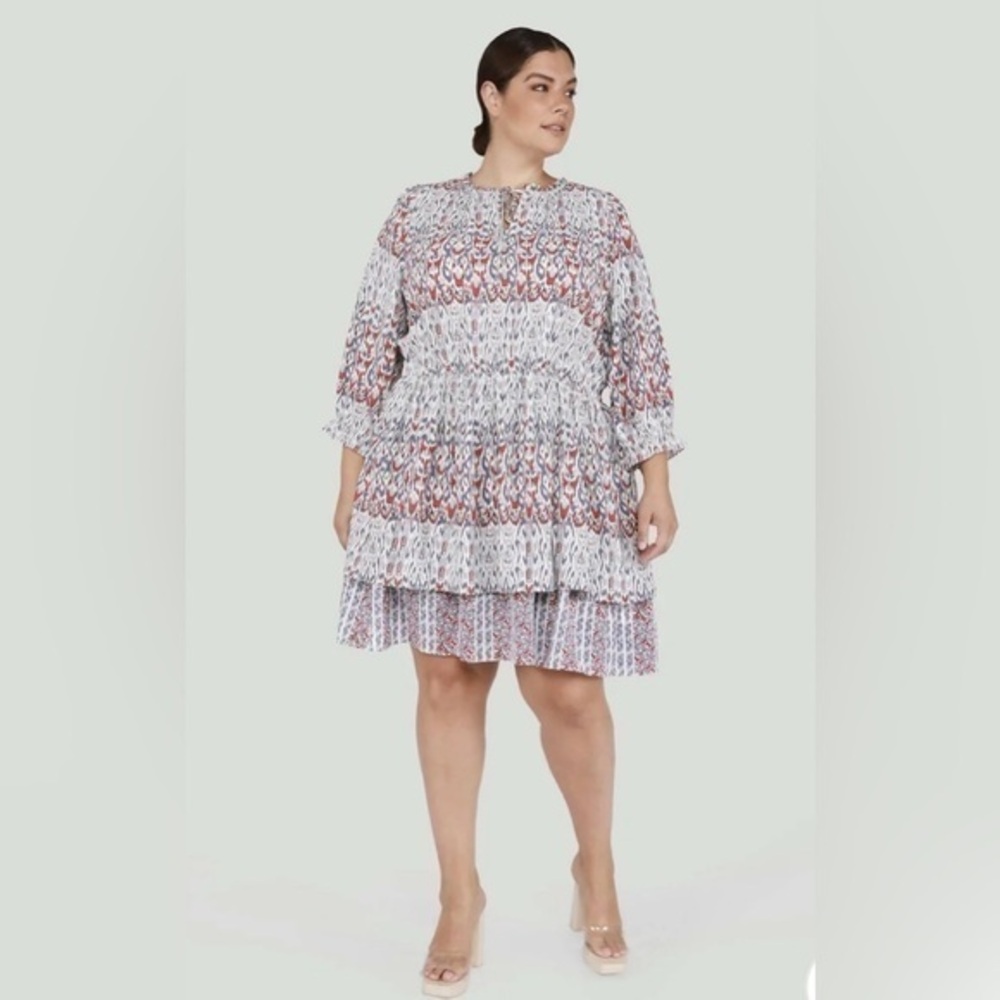 🆕 DEX /SMOCKED PRINTED MID LENGTH DRESS  W/TIERED RUFFLES/MULTI COLOR DESIGN💕
